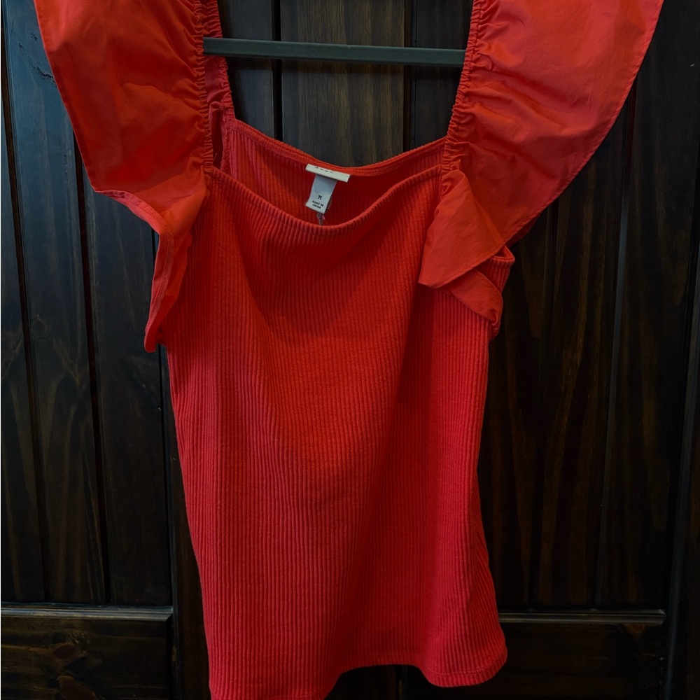 A new day Red Women's Blouse with Puff Sleeves
